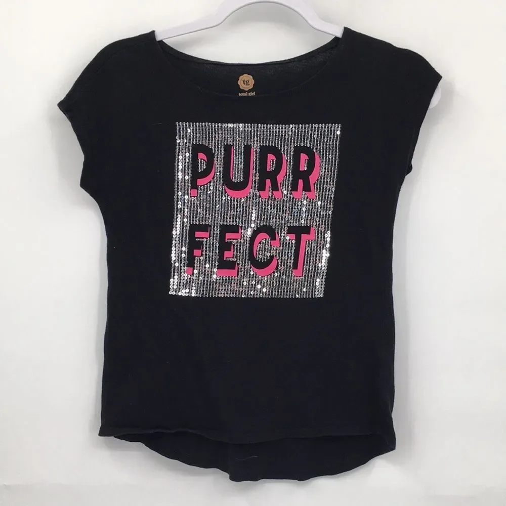 Kids Black Sequin Graphic Tee with Pink 'Purrfect' Text girls L 14